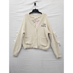 Hello Kitty Sanrio Cream Fuzzy Cardigan Sweater Bow Sleeves Coquette Large NEW